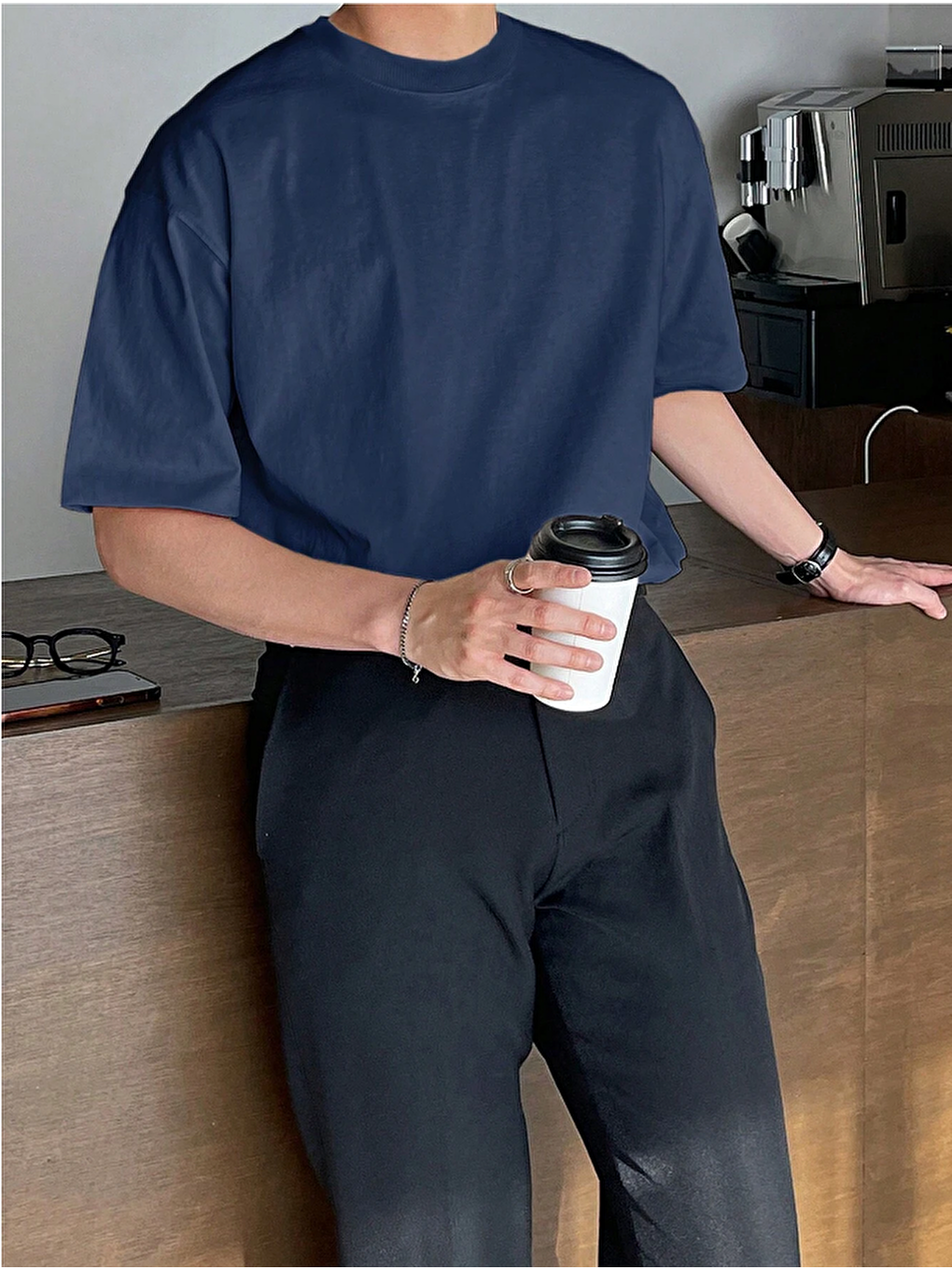 Lacivert Erkek Bisiklet Yaka %100 Pamuk Tişört-3