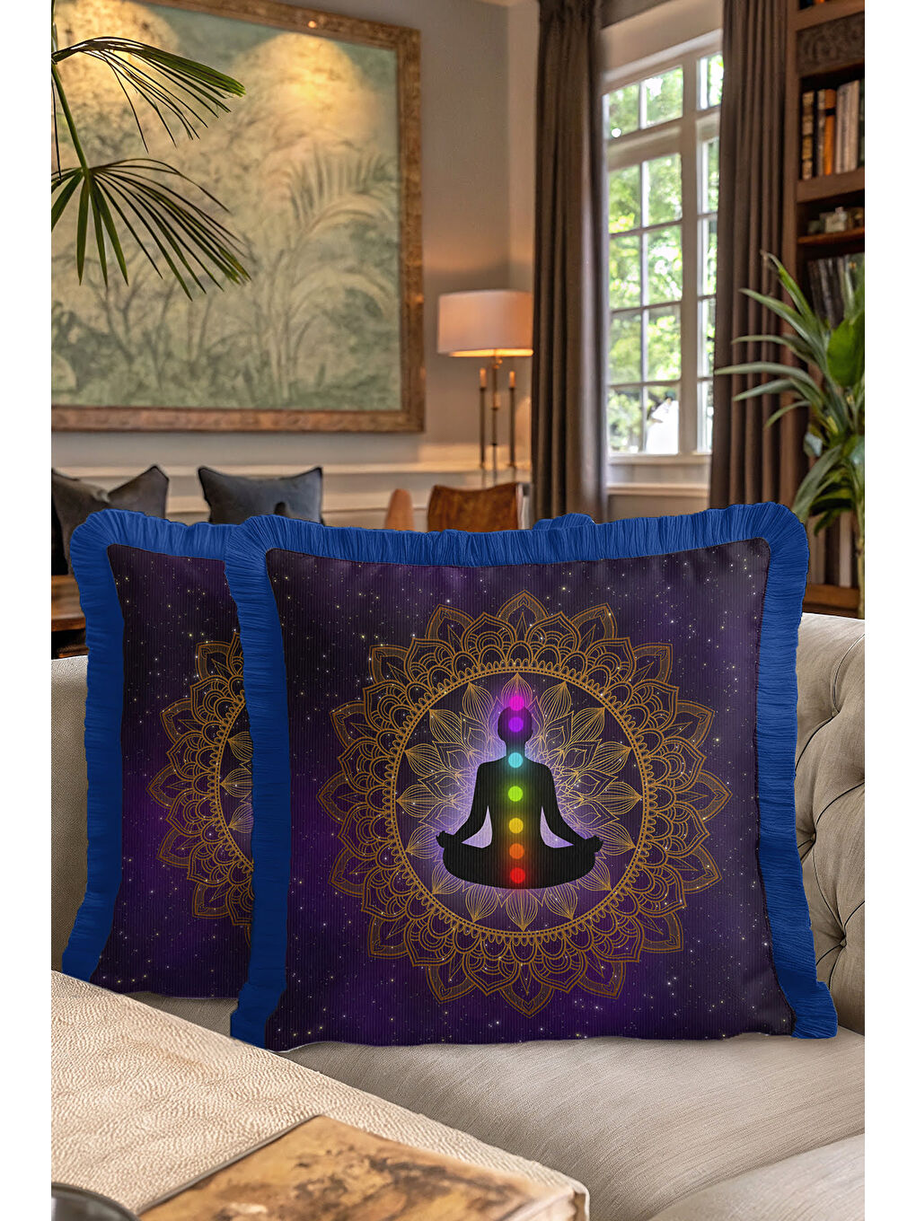 Karışık Mandala Meditasyon Temalı Saçaklı Yastık Kılıfı - Kozmik Bohem Altın Renkli Püsküllü Kırlent Kılıfı-7