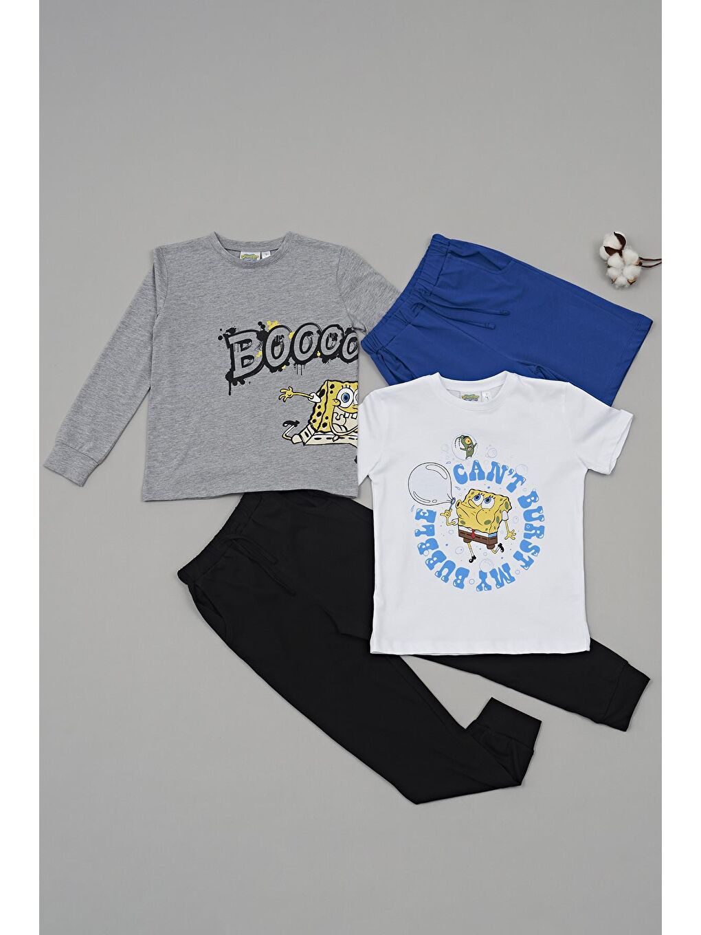 For You Kids Siyah 4'lü Sünger Bob Baskılı Tshirt Şort Pantolon Takım