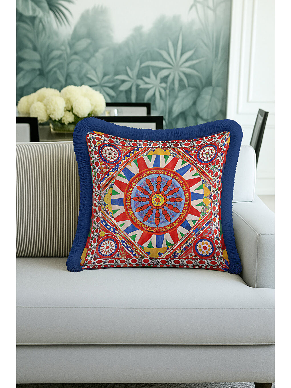 Karışık Saray Ihtişamı Saçaklı Yastık Kılıfı - Doğu Esintisi Bohem Kırmızı Mavi Püsküllü Kırlent Kılıfı-1