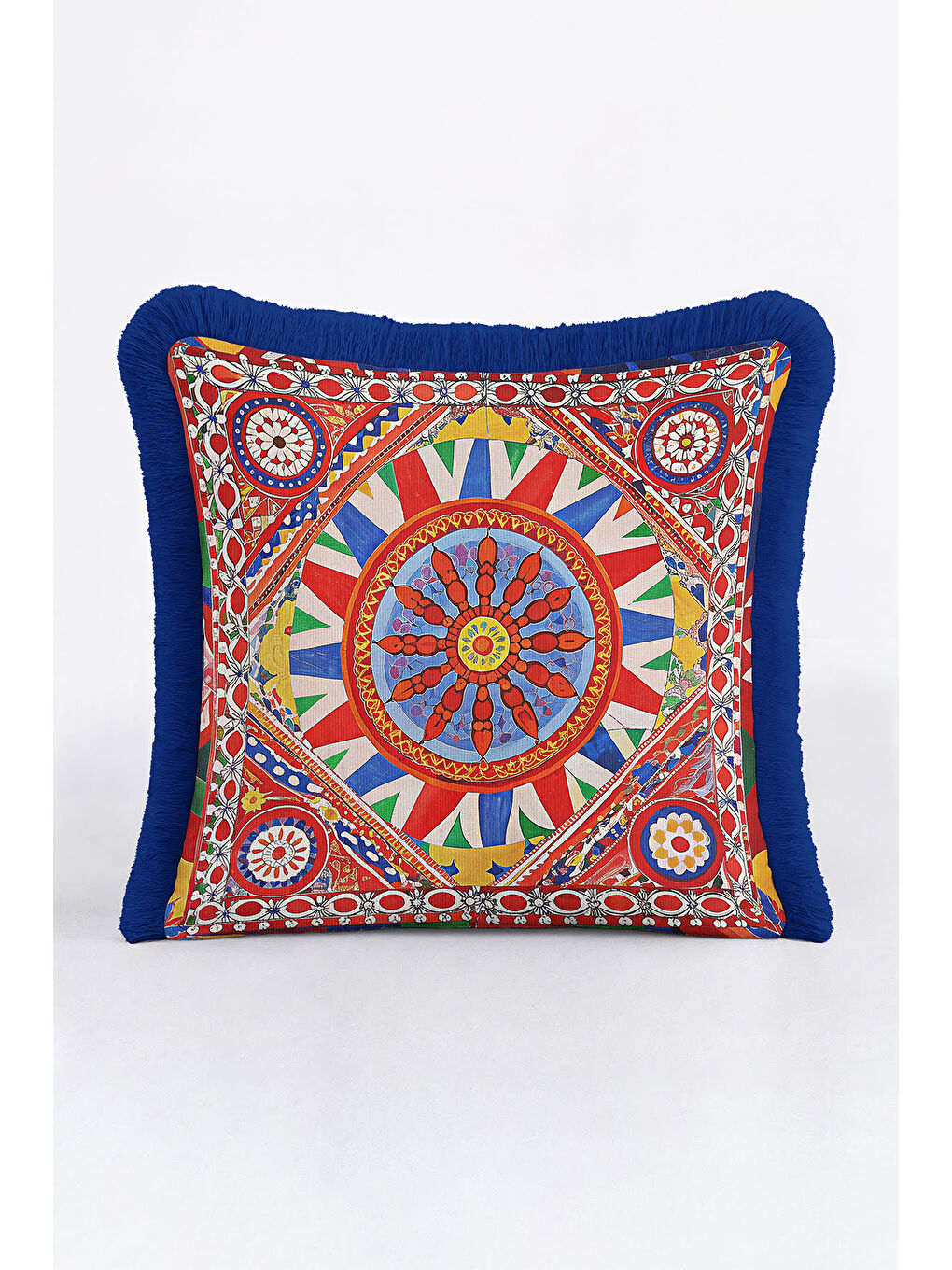 Karışık Saray Ihtişamı Saçaklı Yastık Kılıfı - Doğu Esintisi Bohem Kırmızı Mavi Püsküllü Kırlent Kılıfı-2