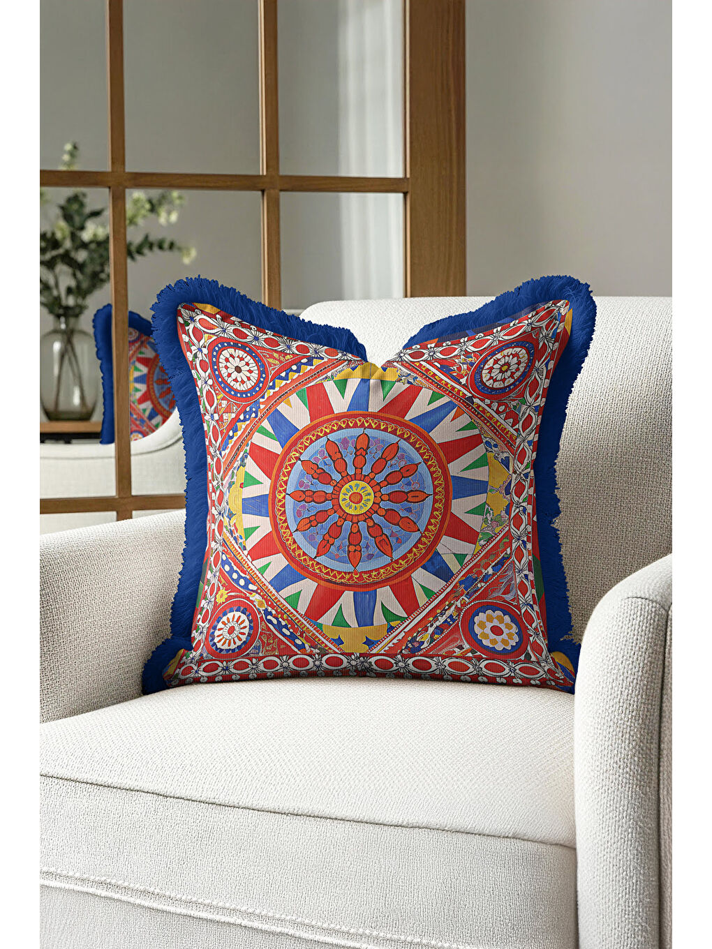 Karışık Saray Ihtişamı Saçaklı Yastık Kılıfı - Doğu Esintisi Bohem Kırmızı Mavi Püsküllü Kırlent Kılıfı-3