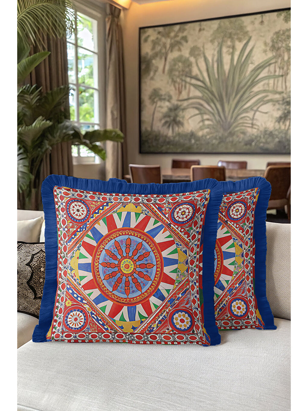 Karışık Saray Ihtişamı Saçaklı Yastık Kılıfı - Doğu Esintisi Bohem Kırmızı Mavi Püsküllü Kırlent Kılıfı-5