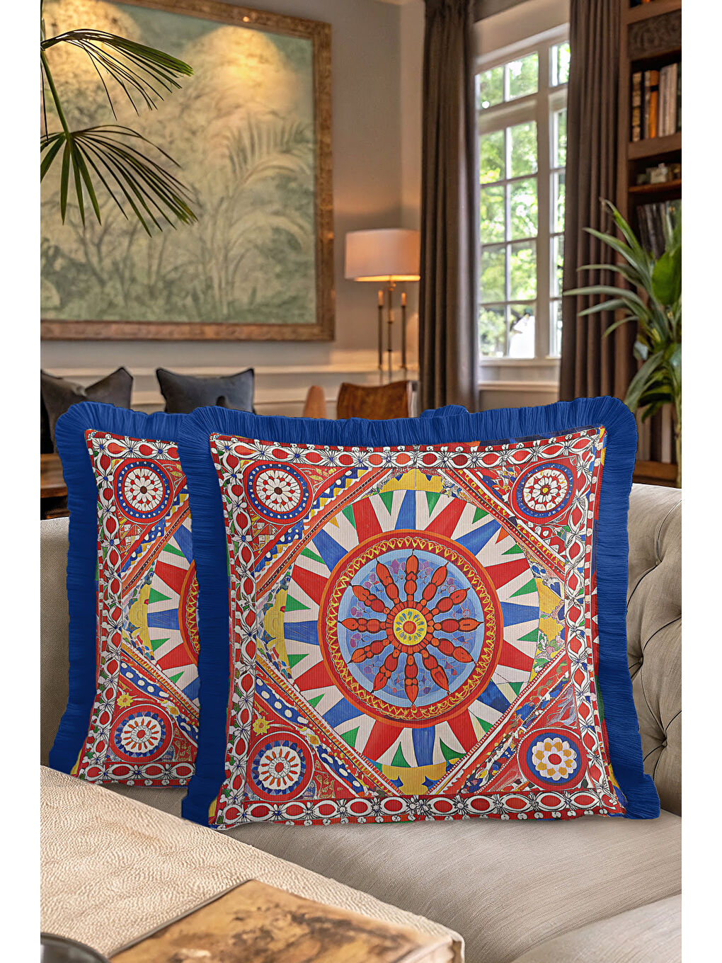 Karışık Saray Ihtişamı Saçaklı Yastık Kılıfı - Doğu Esintisi Bohem Kırmızı Mavi Püsküllü Kırlent Kılıfı-7