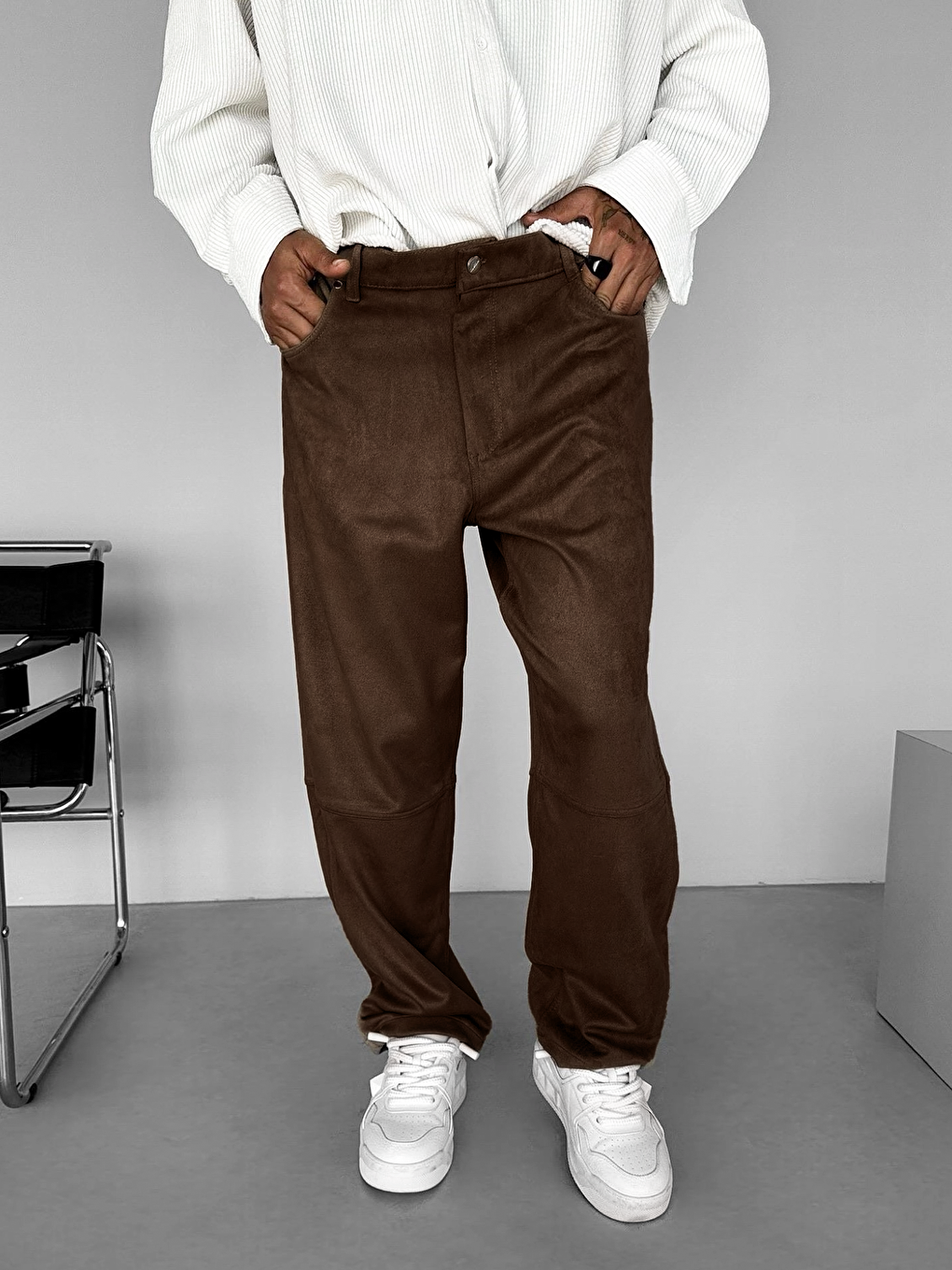 Baggy Geniş Kalıp Geniş Paça Süet Basic Erkek Pantolon Kahverengi
