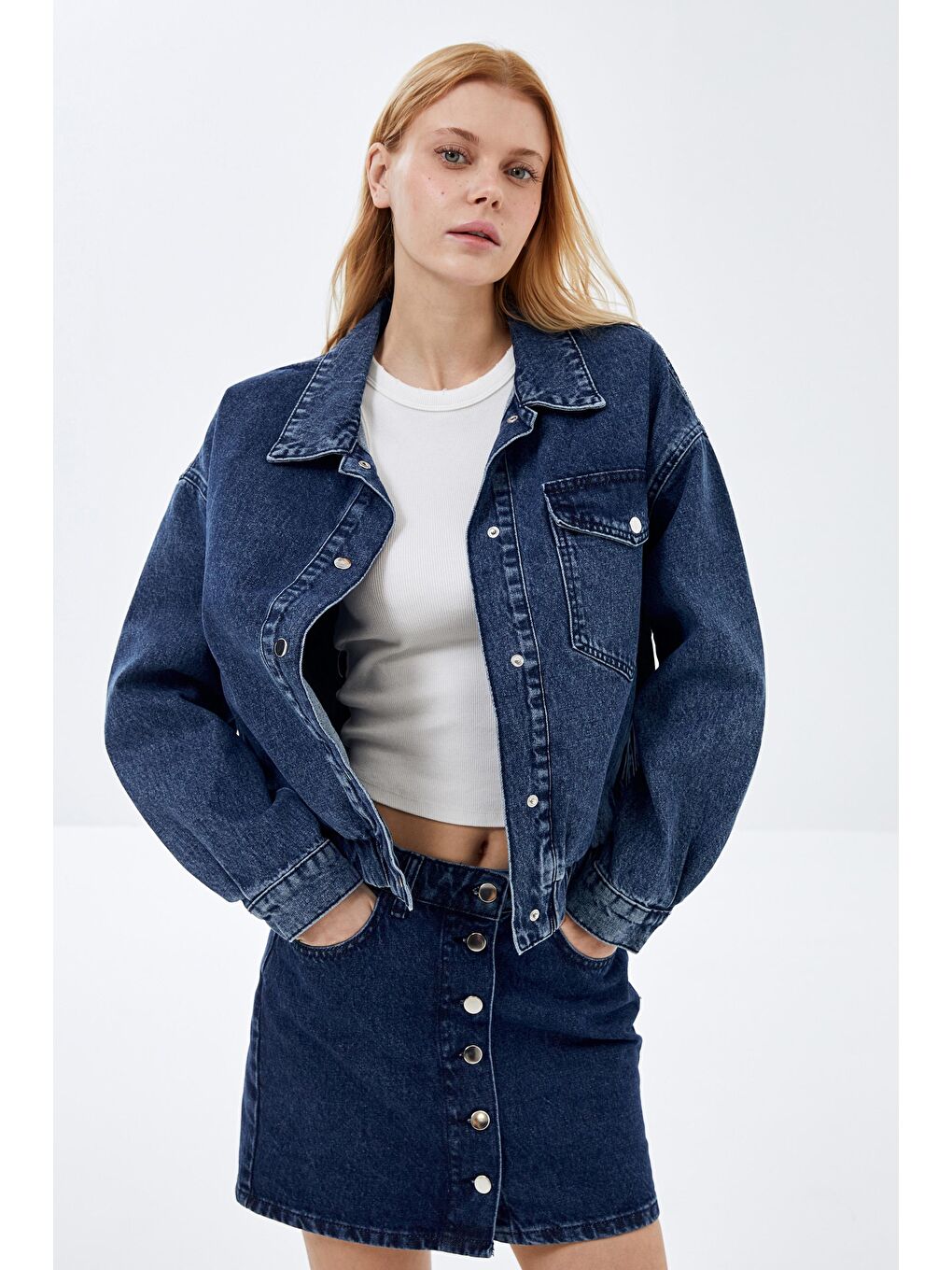 Pieces of Melon Koyu Mavi Cep Detaylı Denim Bomber Ceket