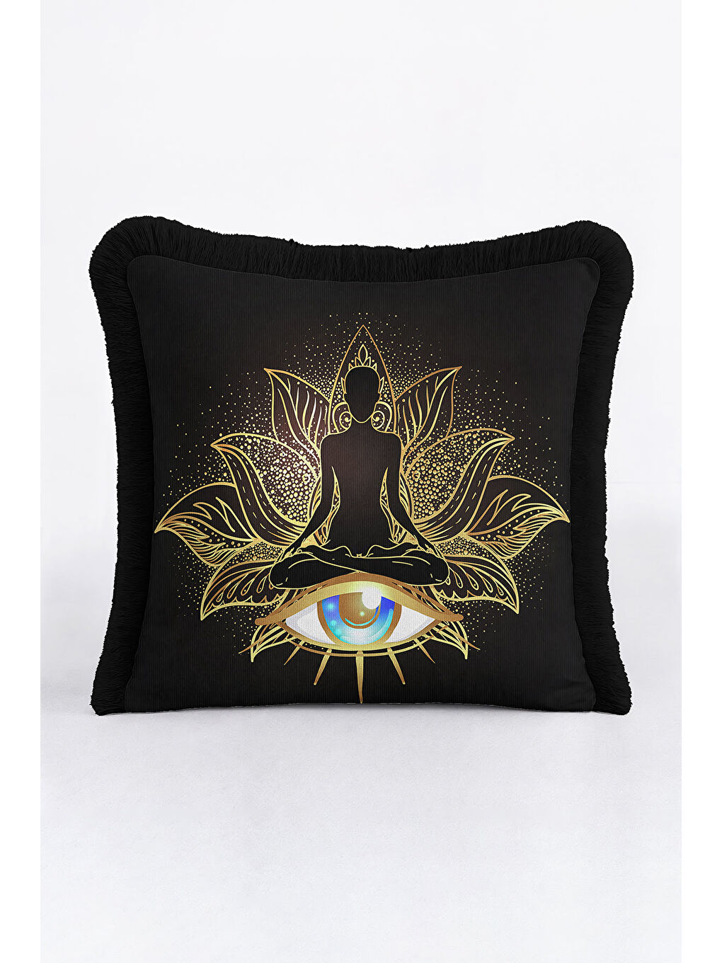 Karışık Lotus Figürlü Saçaklı Yastık Kılıfı - Mistik Bohem Siyah Altın Renkli Püsküllü Kırlent Kılıfı