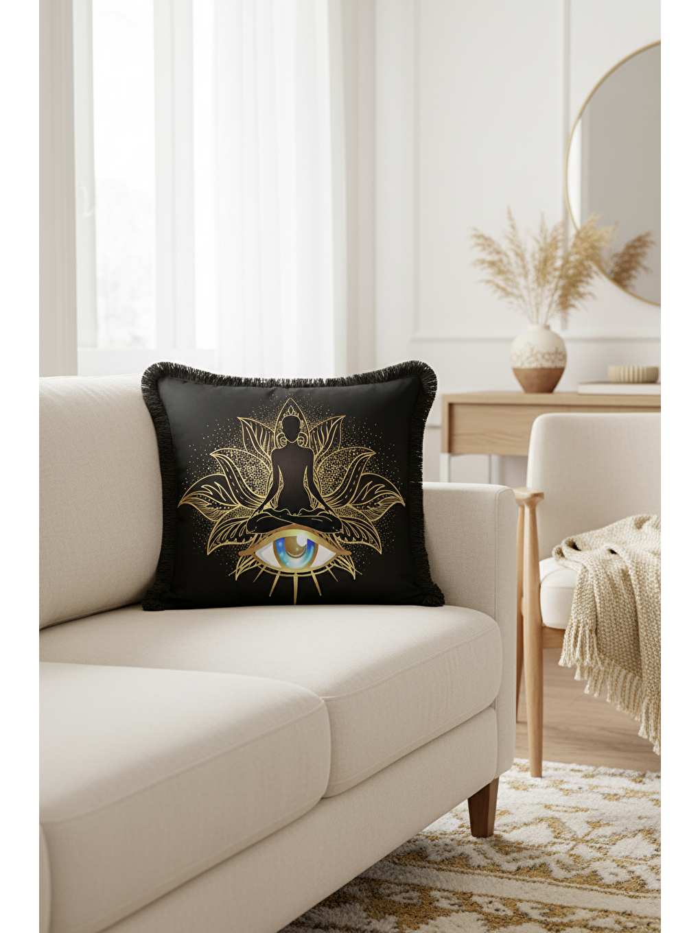 Karışık Lotus Figürlü Saçaklı Yastık Kılıfı - Mistik Bohem Siyah Altın Renkli Püsküllü Kırlent Kılıfı-1