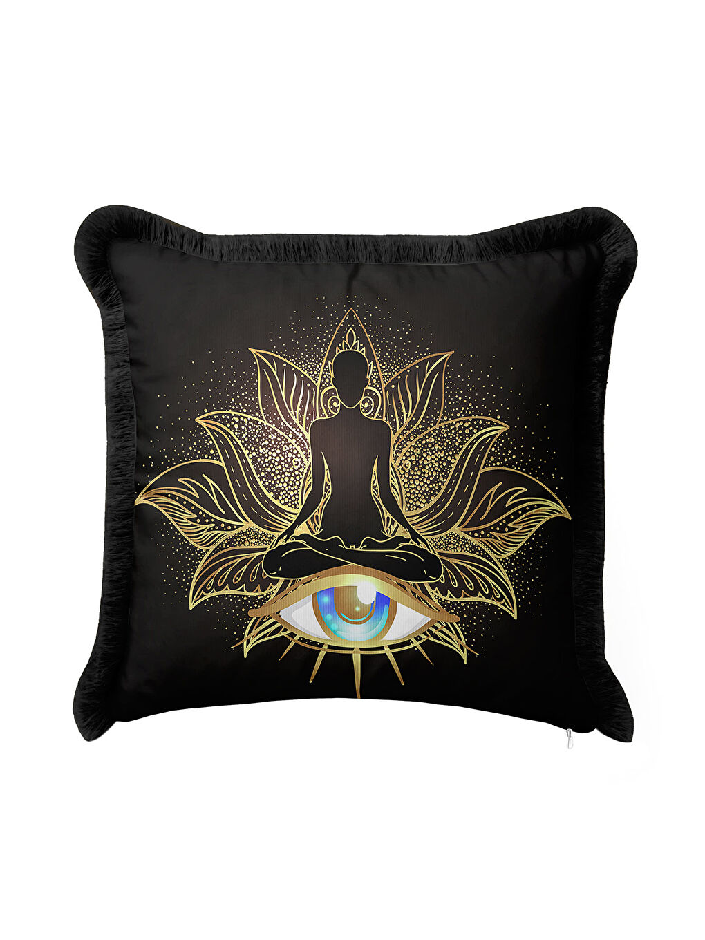 Karışık Lotus Figürlü Saçaklı Yastık Kılıfı - Mistik Bohem Siyah Altın Renkli Püsküllü Kırlent Kılıfı-2