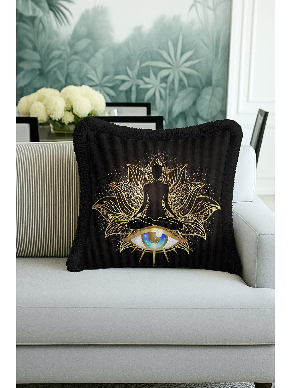 Karışık Lotus Figürlü Saçaklı Yastık Kılıfı - Mistik Bohem Siyah Altın Renkli Püsküllü Kırlent Kılıfı-3