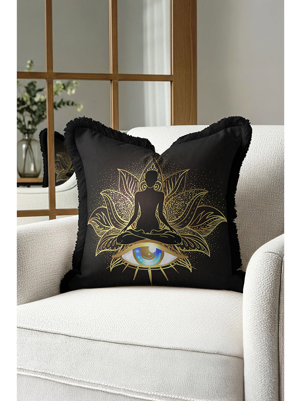 Karışık Lotus Figürlü Saçaklı Yastık Kılıfı - Mistik Bohem Siyah Altın Renkli Püsküllü Kırlent Kılıfı-4
