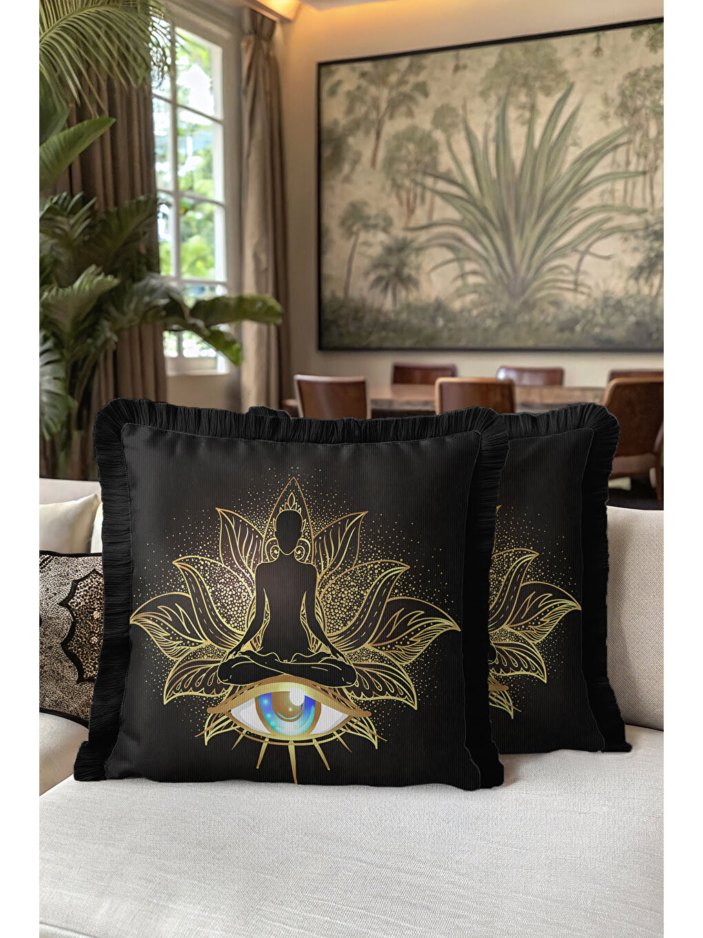 Karışık Lotus Figürlü Saçaklı Yastık Kılıfı - Mistik Bohem Siyah Altın Renkli Püsküllü Kırlent Kılıfı-5