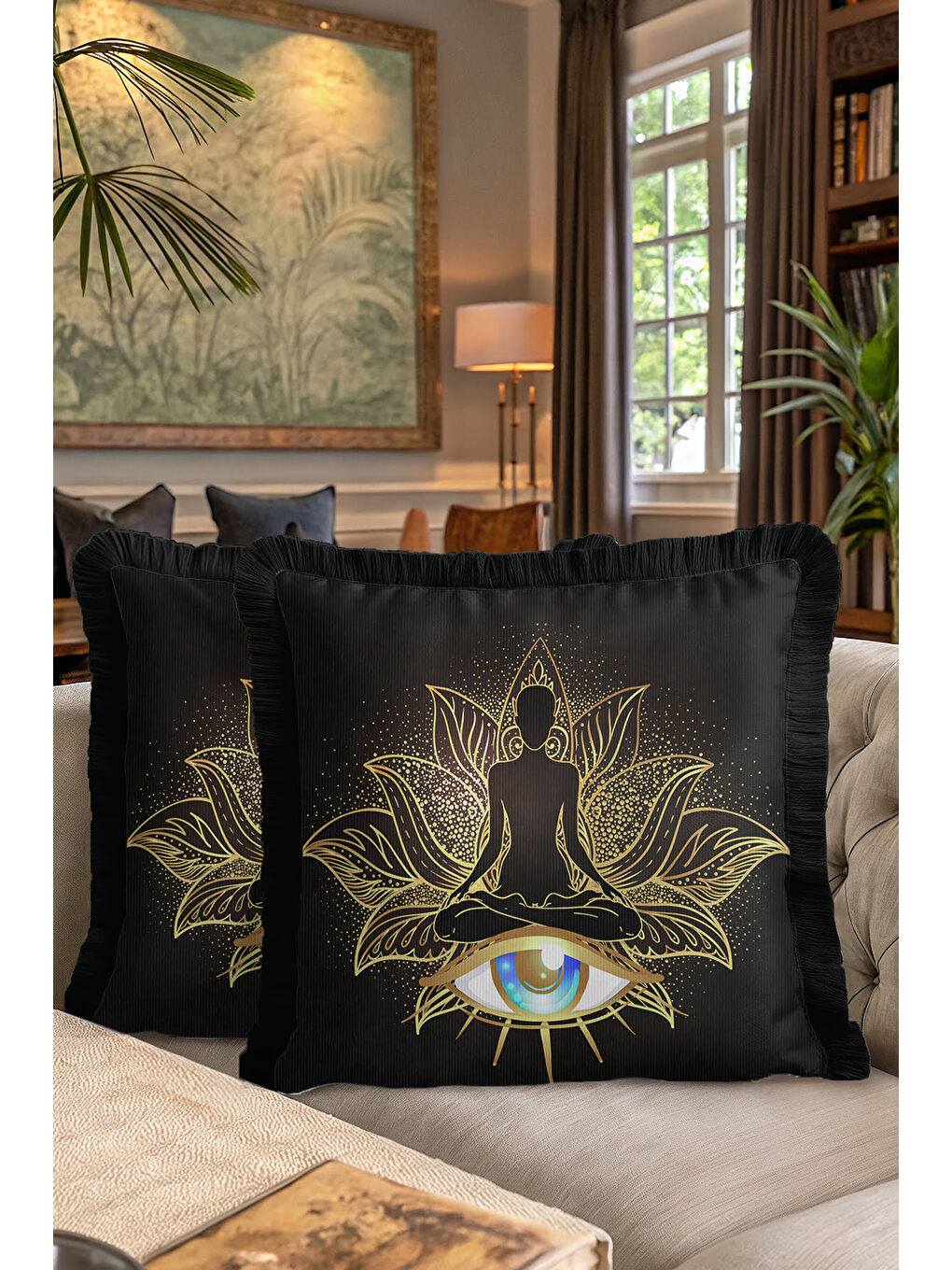 Karışık Lotus Figürlü Saçaklı Yastık Kılıfı - Mistik Bohem Siyah Altın Renkli Püsküllü Kırlent Kılıfı-7