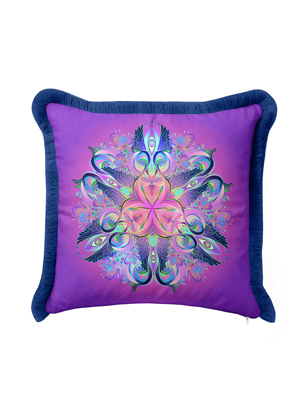Karışık Pavonefe etkili Saçaklı Yastık Kılıfı - Mandala Bohem Mor Mavi Püsküllü Kırlent Kılıfı-1