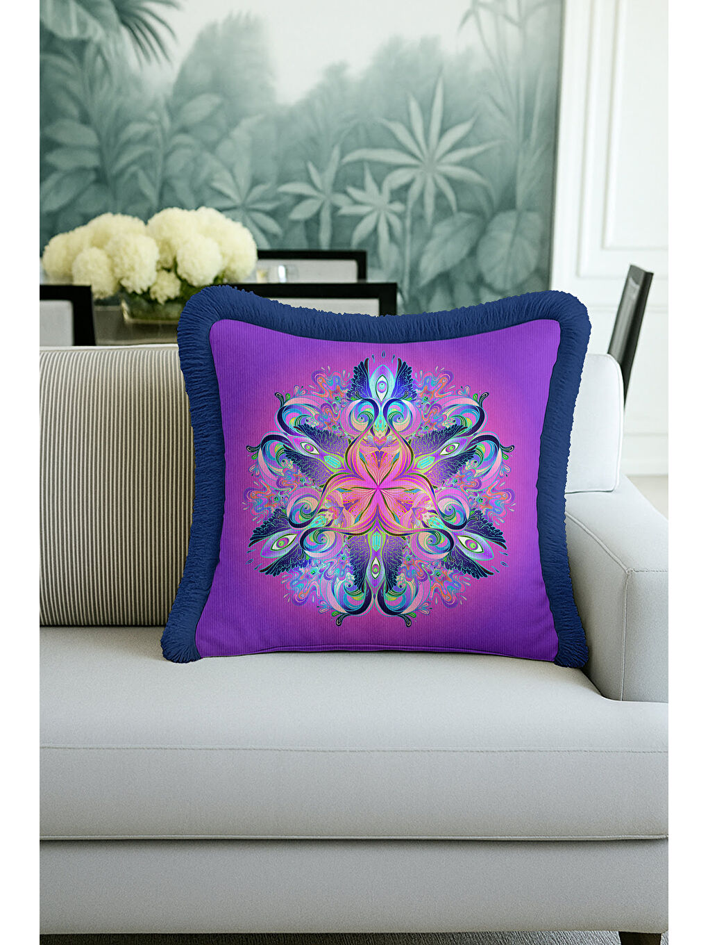 Karışık Pavonefe etkili Saçaklı Yastık Kılıfı - Mandala Bohem Mor Mavi Püsküllü Kırlent Kılıfı-2
