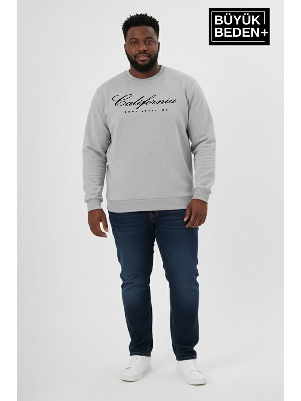 Gri Erkek Büyük Beden El Yazılı California Baskılı Bisiklet Yaka İnce Sweatshirt SPR26BSW956-7