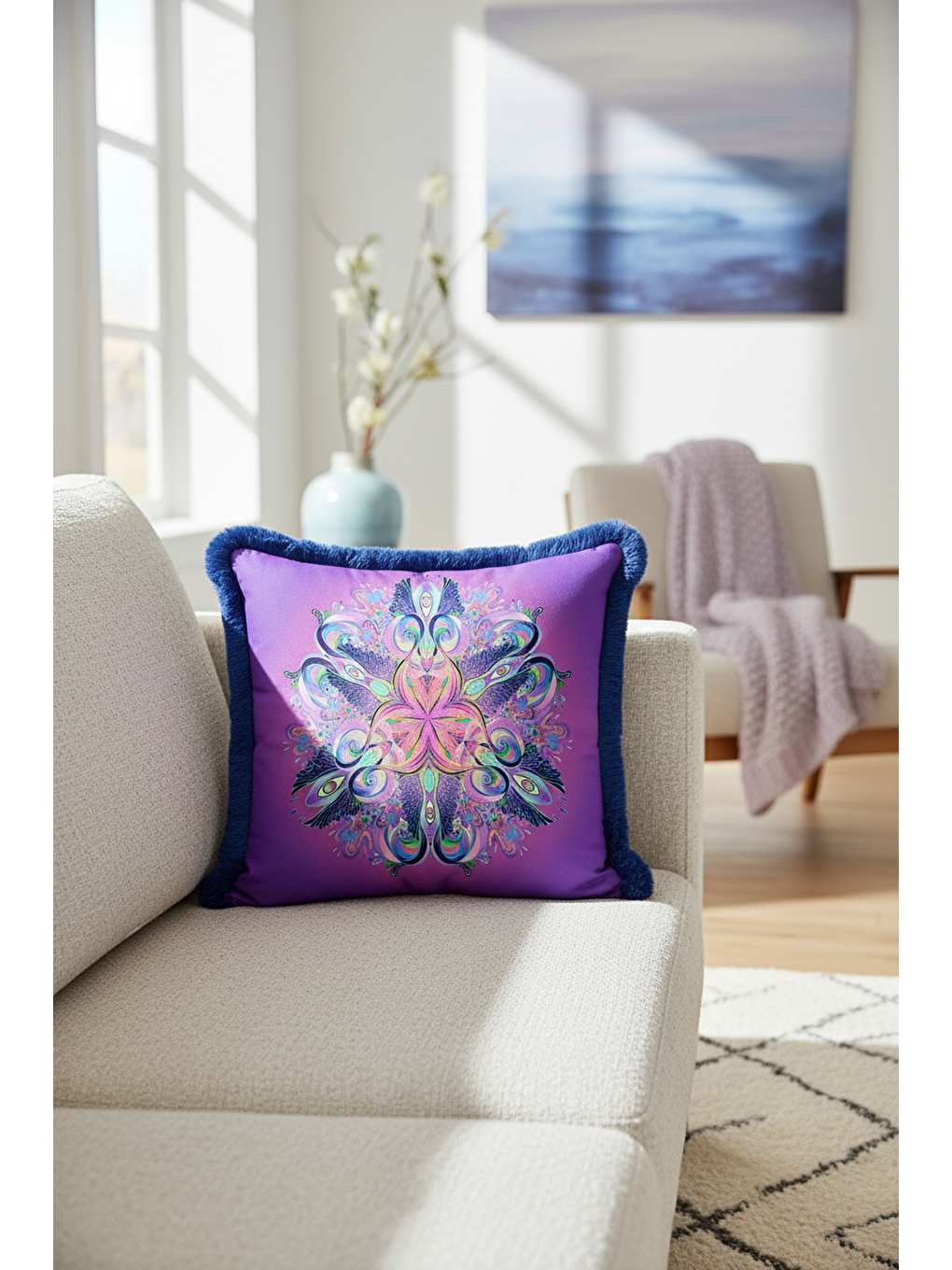 Karışık Pavonefe etkili Saçaklı Yastık Kılıfı - Mandala Bohem Mor Mavi Püsküllü Kırlent Kılıfı-4