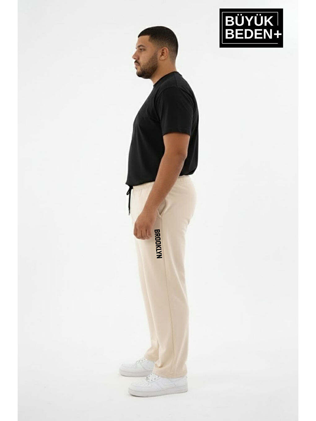 Bej Erkek Büyük Beden BROOKLYN Baskılı Rahat Kesim Paça Reçme ince Eşofman Altı SPR26EA952-2