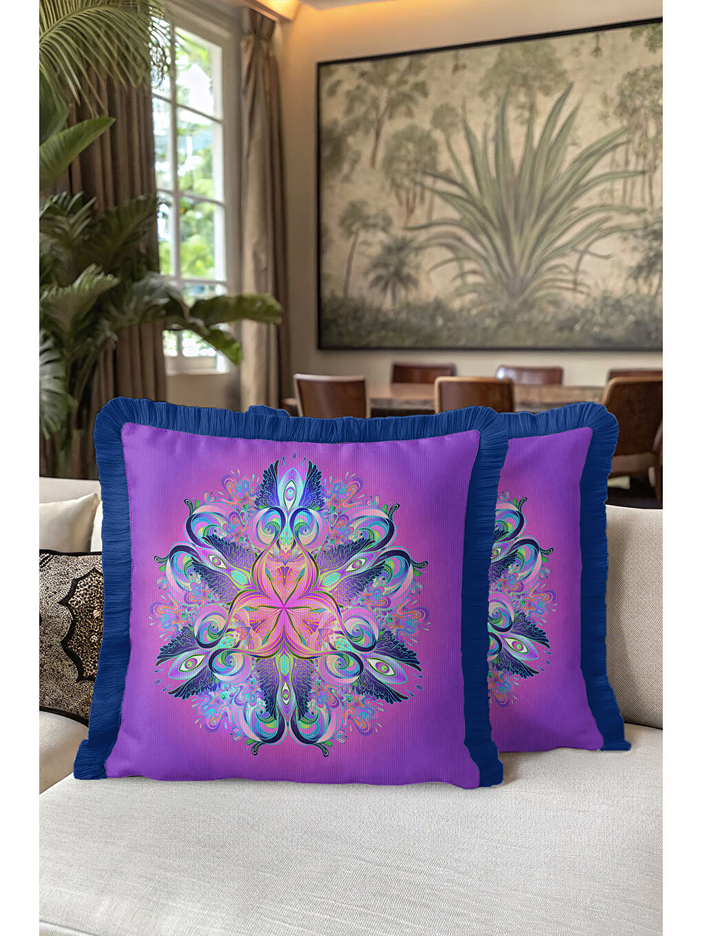 Karışık Pavonefe etkili Saçaklı Yastık Kılıfı - Mandala Bohem Mor Mavi Püsküllü Kırlent Kılıfı-5