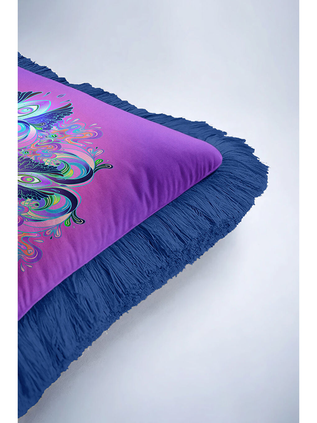 Karışık Pavonefe etkili Saçaklı Yastık Kılıfı - Mandala Bohem Mor Mavi Püsküllü Kırlent Kılıfı-6