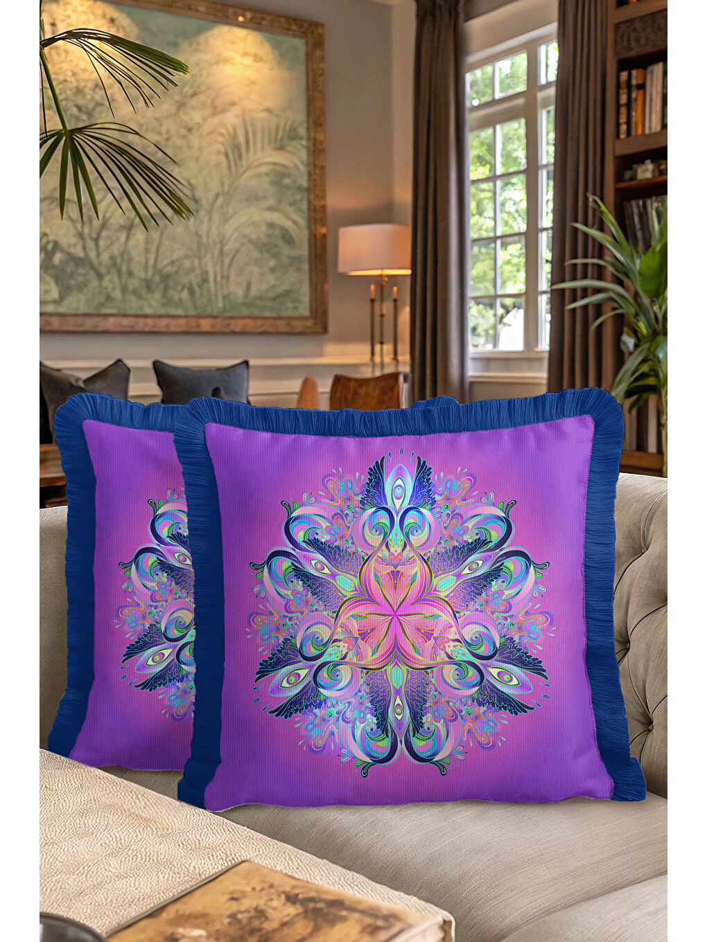 Karışık Pavonefe etkili Saçaklı Yastık Kılıfı - Mandala Bohem Mor Mavi Püsküllü Kırlent Kılıfı-7