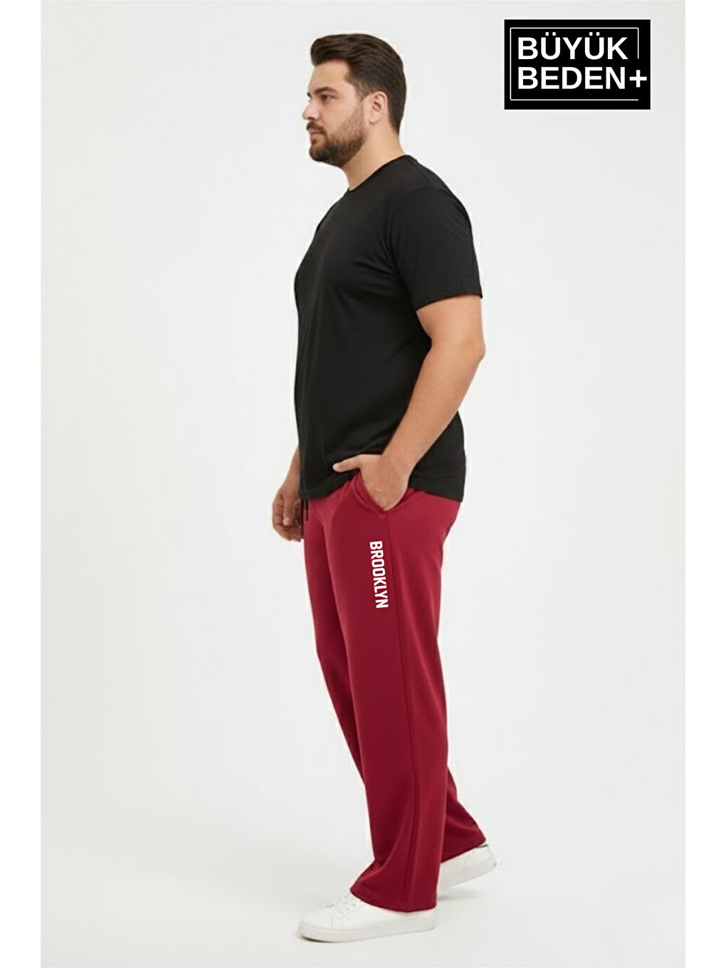 Bordo Erkek Büyük Beden BROOKLYN Baskılı Rahat Kesim Paça Reçme ince Eşofman Altı SPR26EA952-2