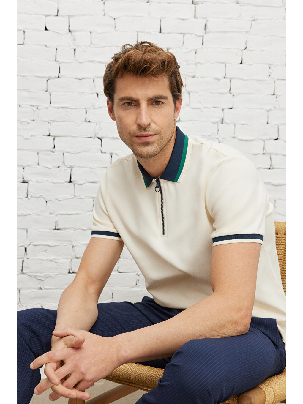Erkek Ekru-lacivert Regular Fit Geniş Kesim Polo Yaka %100 Pamuk Tişört