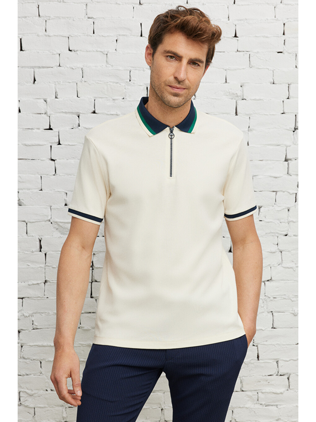 Erkek Ekru-lacivert Regular Fit Geniş Kesim Polo Yaka %100 Pamuk Tişört-1