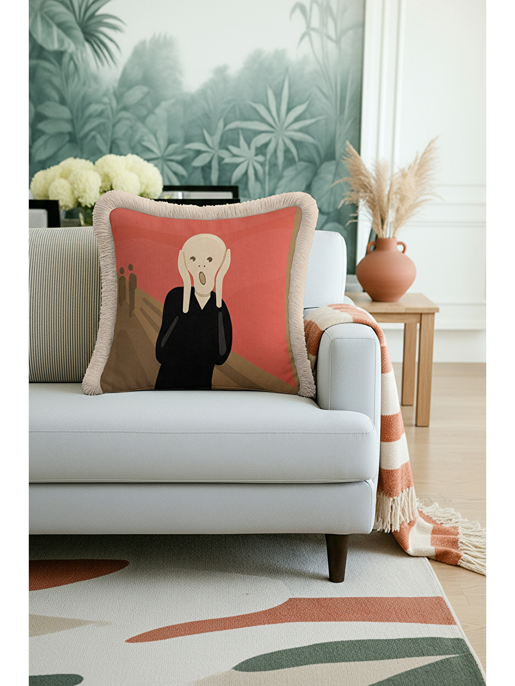 Karışık Sanatsal İkonik Saçaklı Yastık Kılıfı - Soyut Ekspresyonist Modern Kızıl Bej Püsküllü Kırlent Kılıfı-1