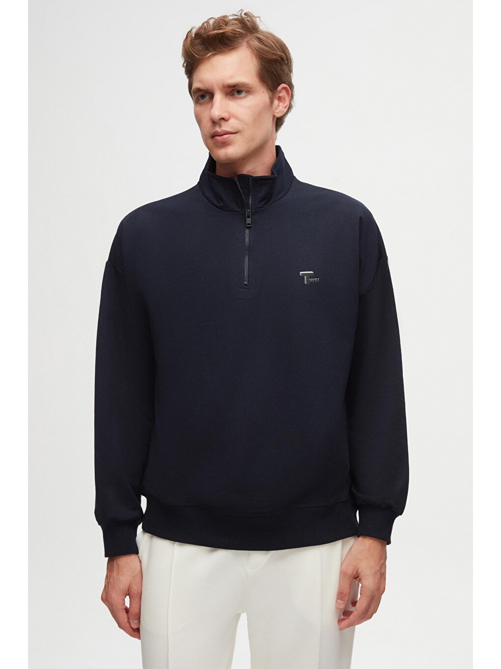 Oversize Lacivert Düz Yarım Fermuarlı Pamuklu Mevsimlik Sweatshirt