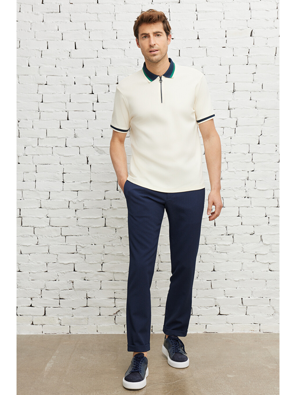Erkek Ekru-lacivert Regular Fit Geniş Kesim Polo Yaka %100 Pamuk Tişört-2