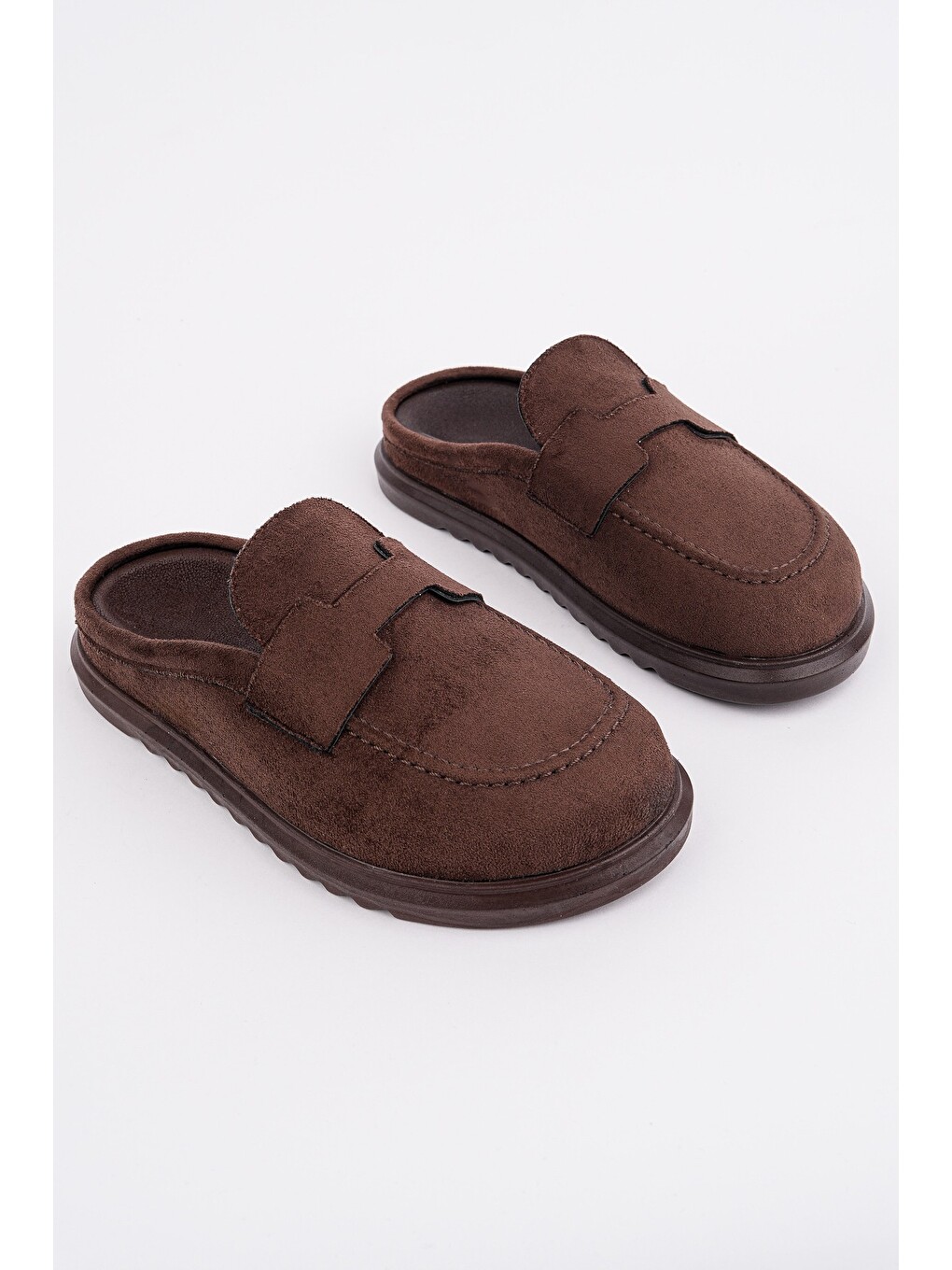 Kahverengi Vintage Süet Deri Günlük Rahat Önü Kapalı Kadın Loafer Terlik