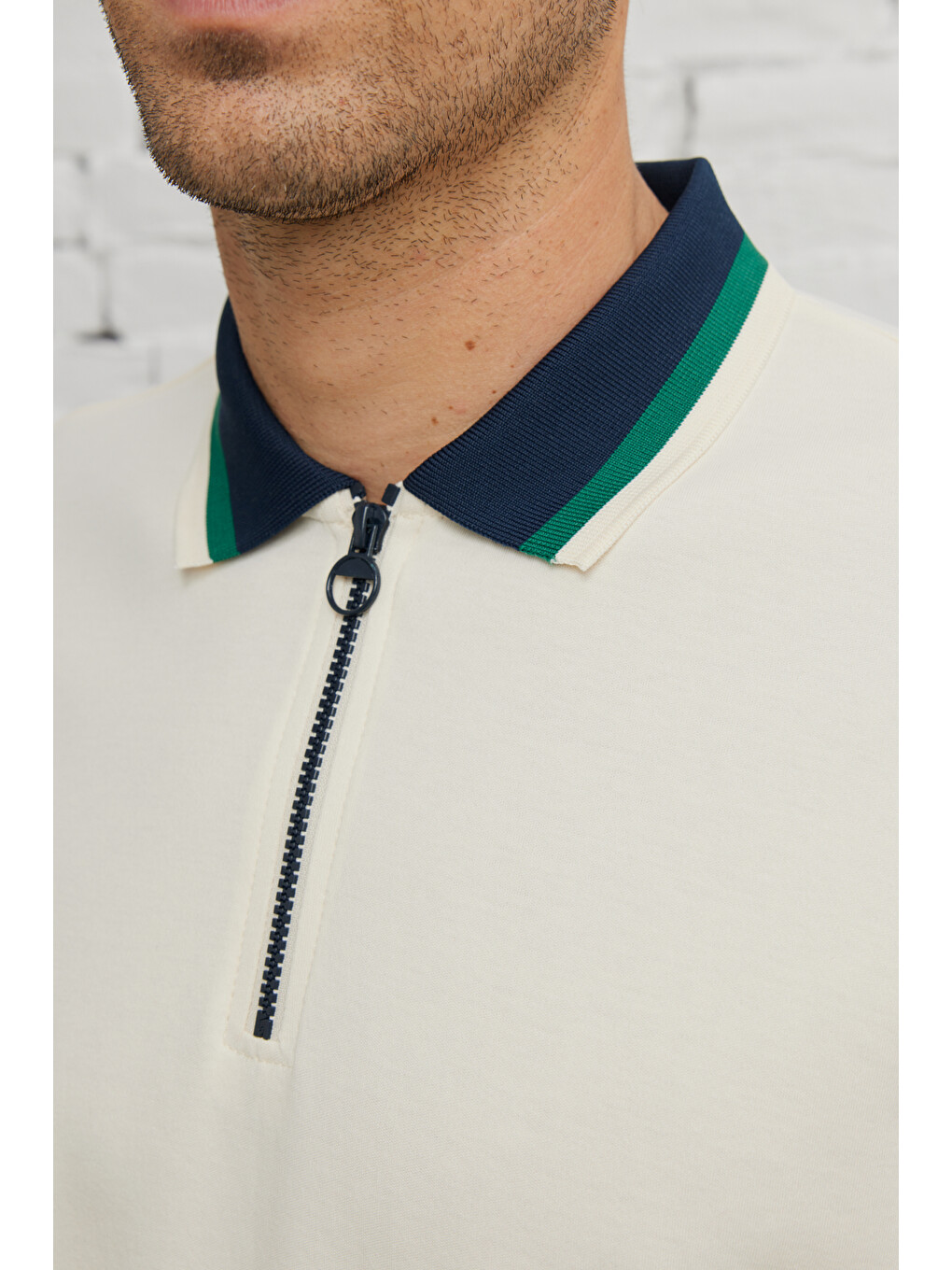 Erkek Ekru-lacivert Regular Fit Geniş Kesim Polo Yaka %100 Pamuk Tişört-3