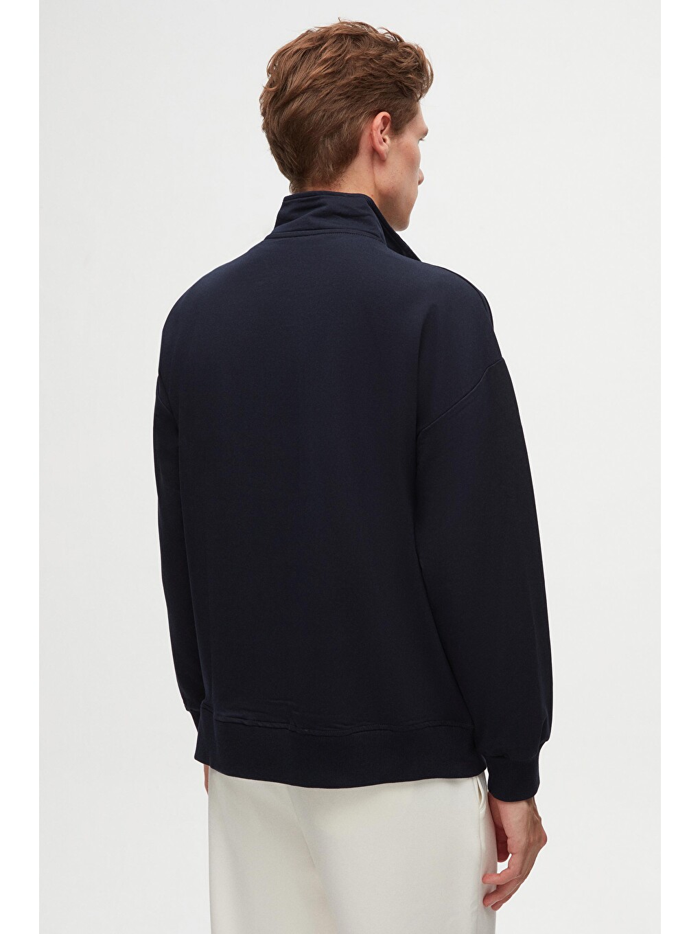 Oversize Lacivert Düz Yarım Fermuarlı Pamuklu Mevsimlik Sweatshirt-3