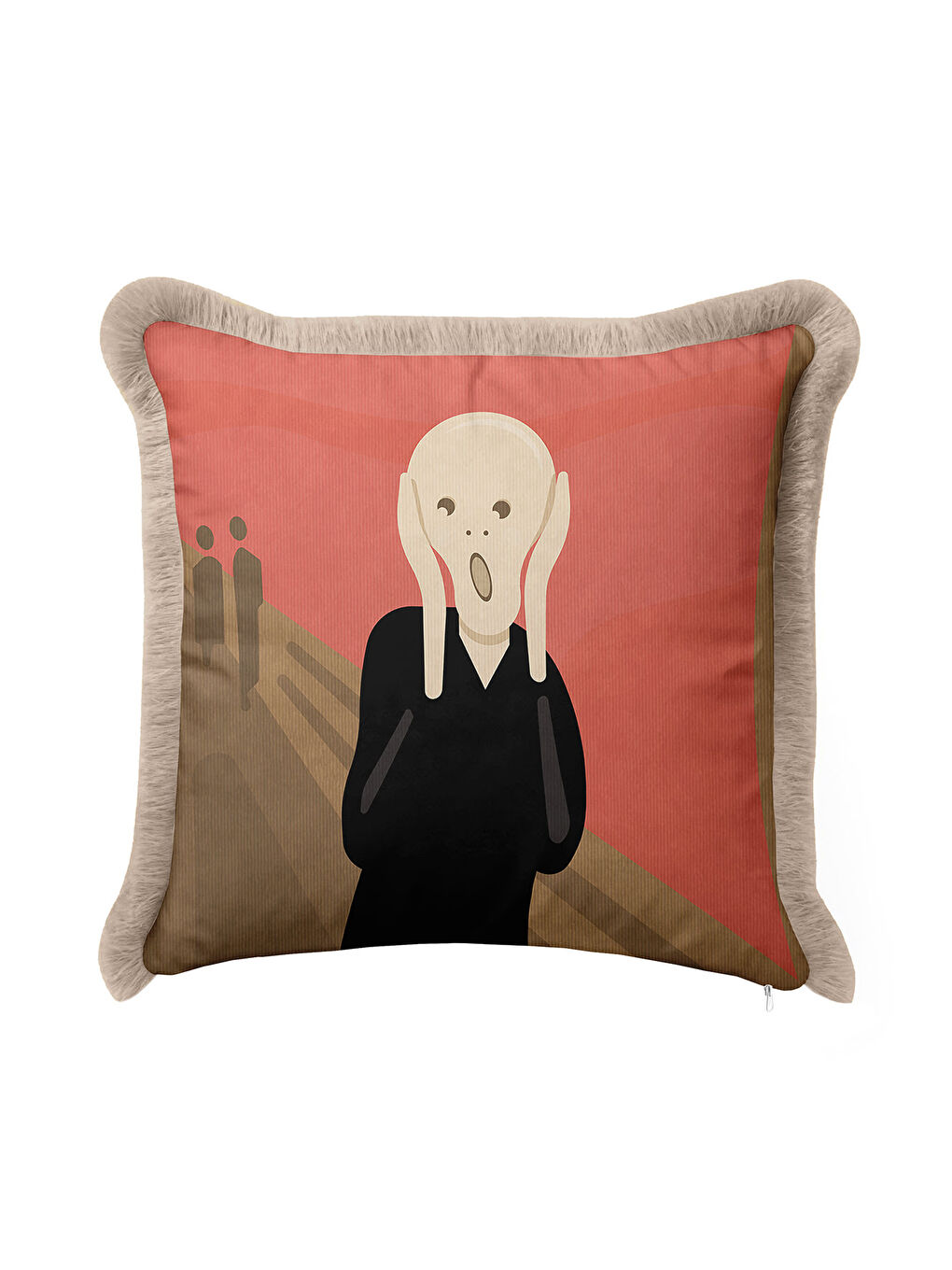 Karışık Sanatsal İkonik Saçaklı Yastık Kılıfı - Soyut Ekspresyonist Modern Kızıl Bej Püsküllü Kırlent Kılıfı-2