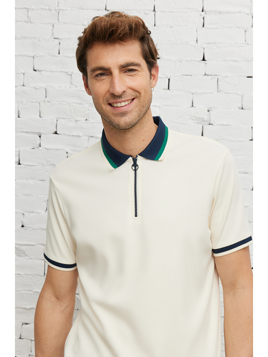 Erkek Ekru-lacivert Regular Fit Geniş Kesim Polo Yaka %100 Pamuk Tişört-4