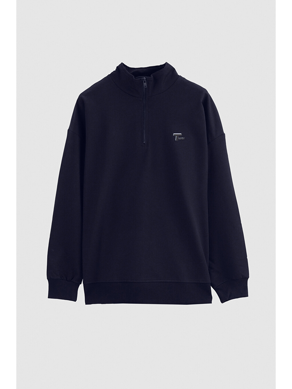 Oversize Lacivert Düz Yarım Fermuarlı Pamuklu Mevsimlik Sweatshirt-4
