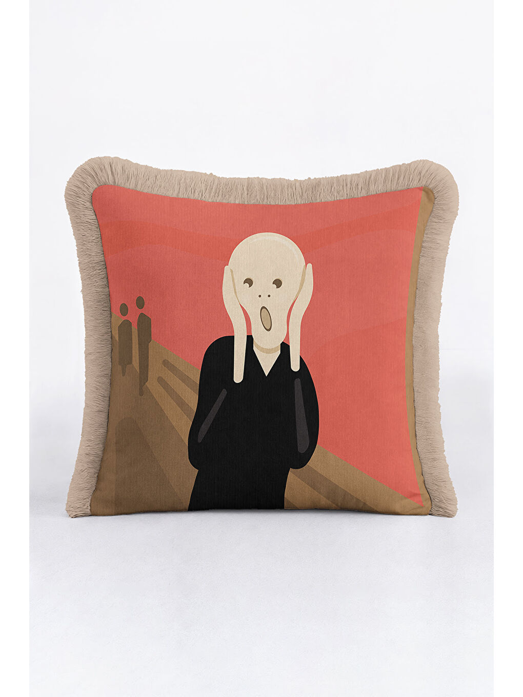 Karışık Sanatsal İkonik Saçaklı Yastık Kılıfı - Soyut Ekspresyonist Modern Kızıl Bej Püsküllü Kırlent Kılıfı-3