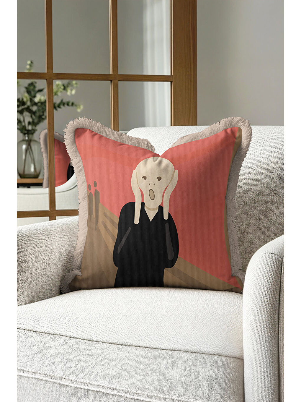 Karışık Sanatsal İkonik Saçaklı Yastık Kılıfı - Soyut Ekspresyonist Modern Kızıl Bej Püsküllü Kırlent Kılıfı-4