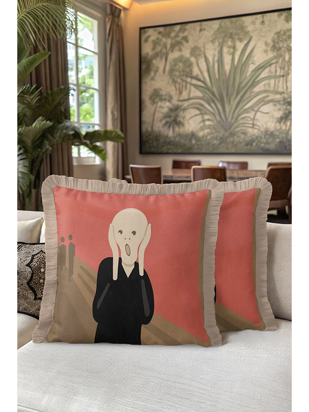 Karışık Sanatsal İkonik Saçaklı Yastık Kılıfı - Soyut Ekspresyonist Modern Kızıl Bej Püsküllü Kırlent Kılıfı-5