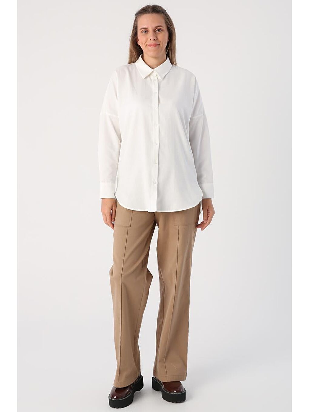 Ekru Oversize Basic Gömlek-3