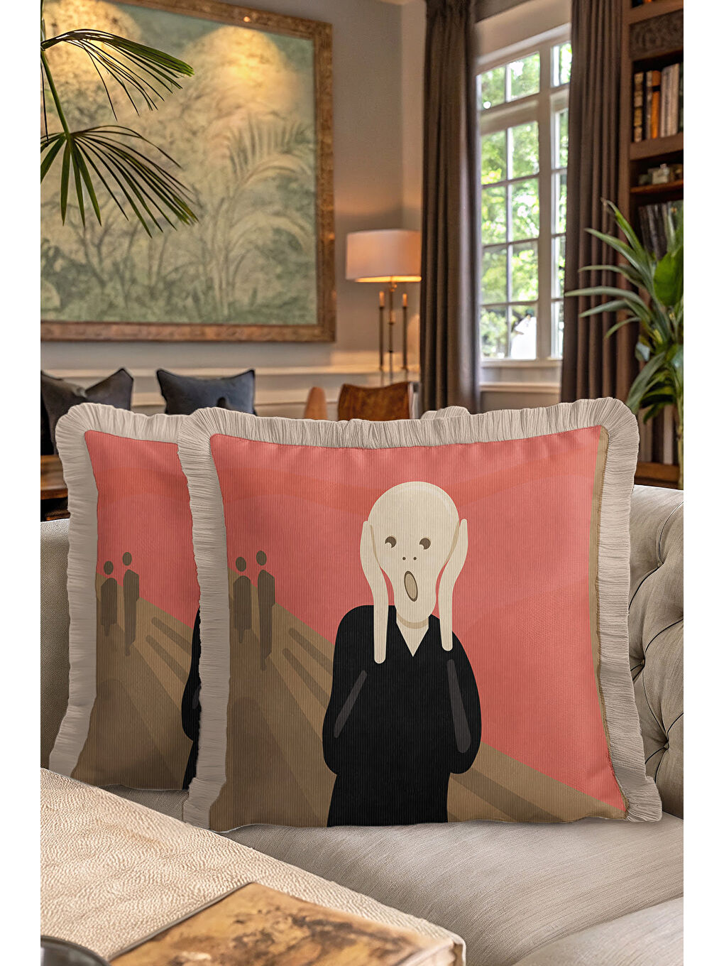 Karışık Sanatsal İkonik Saçaklı Yastık Kılıfı - Soyut Ekspresyonist Modern Kızıl Bej Püsküllü Kırlent Kılıfı-7