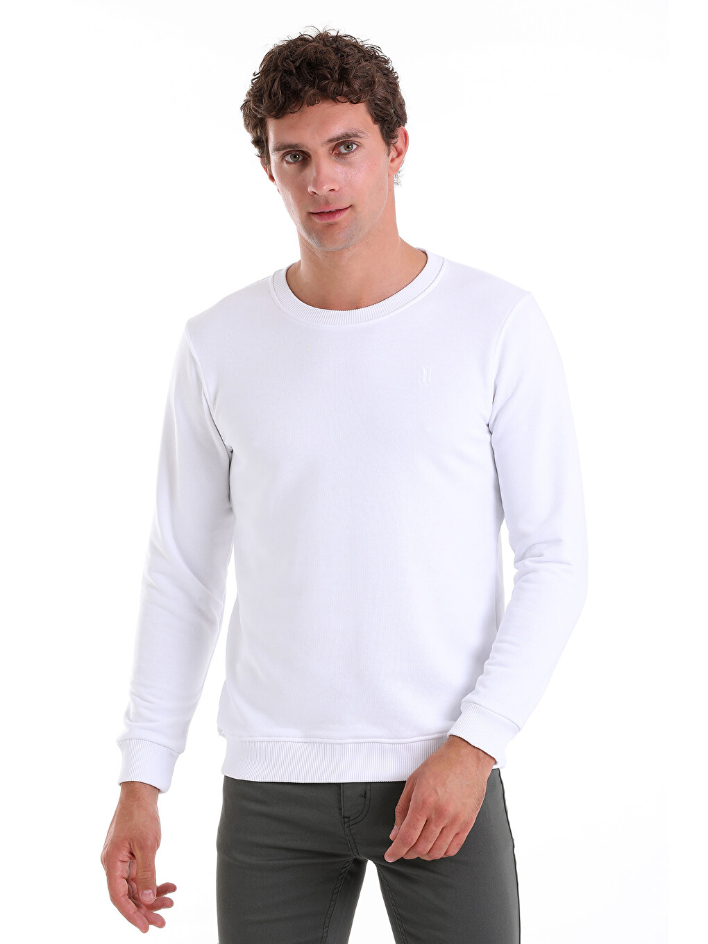 Beyaz Regular Fit Düz Pamuklu Bisiklet Yaka Sweatshirt