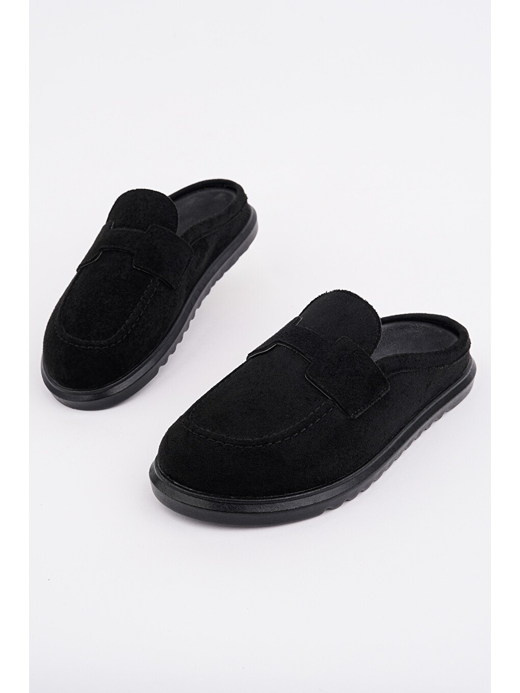 Siyah Vintage Süet Deri Günlük Rahat Önü Kapalı Kadın Loafer Terlik-3