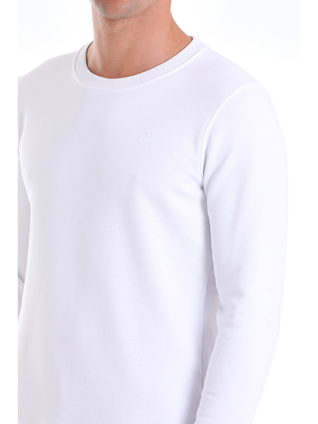 Beyaz Regular Fit Düz Pamuklu Bisiklet Yaka Sweatshirt-4