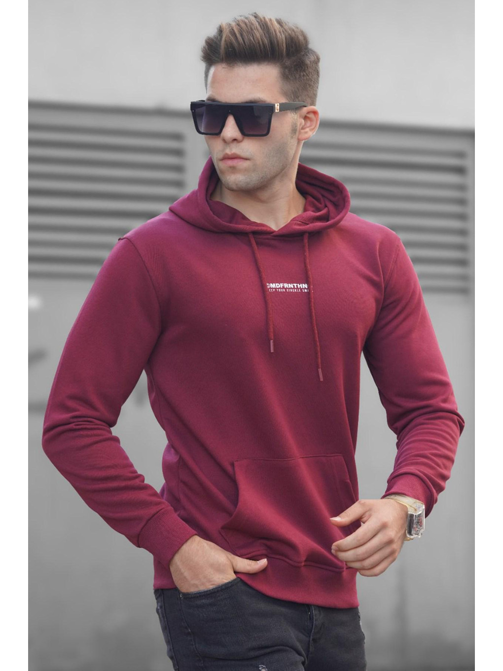 Bordo Baskılı Erkek Kapüşonlu Sweatshirt Hoodie 5306-1