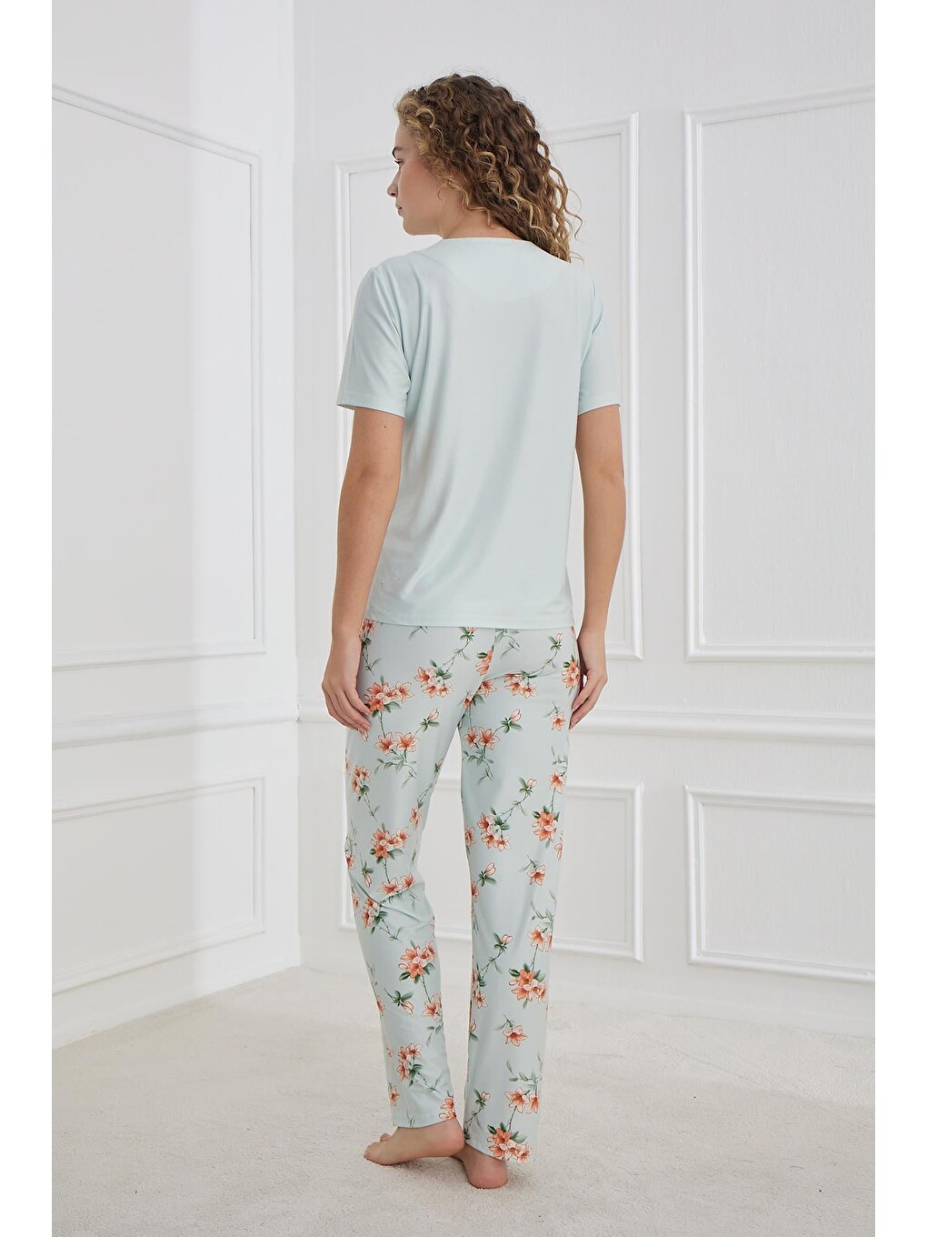 Yeşil Kadın Çiçek Desenli Bisiklet Yaka Pijama Takım | Mint 30102-1286-2