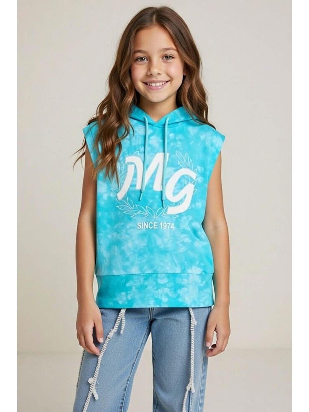 Kız Çocuk Üzeri Mg Yazı Ve Yaprak Detaylı Kapüşonlu Kolsuz Turkuaz Sweatshirt-2