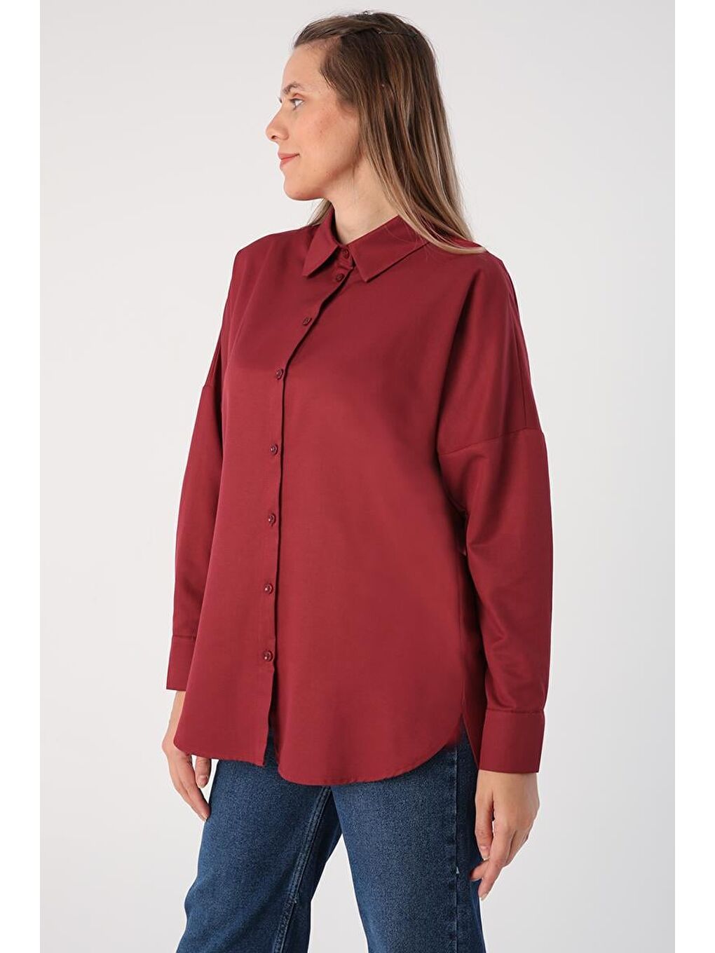 Koyu Bordo Oversize Basic Gömlek-1