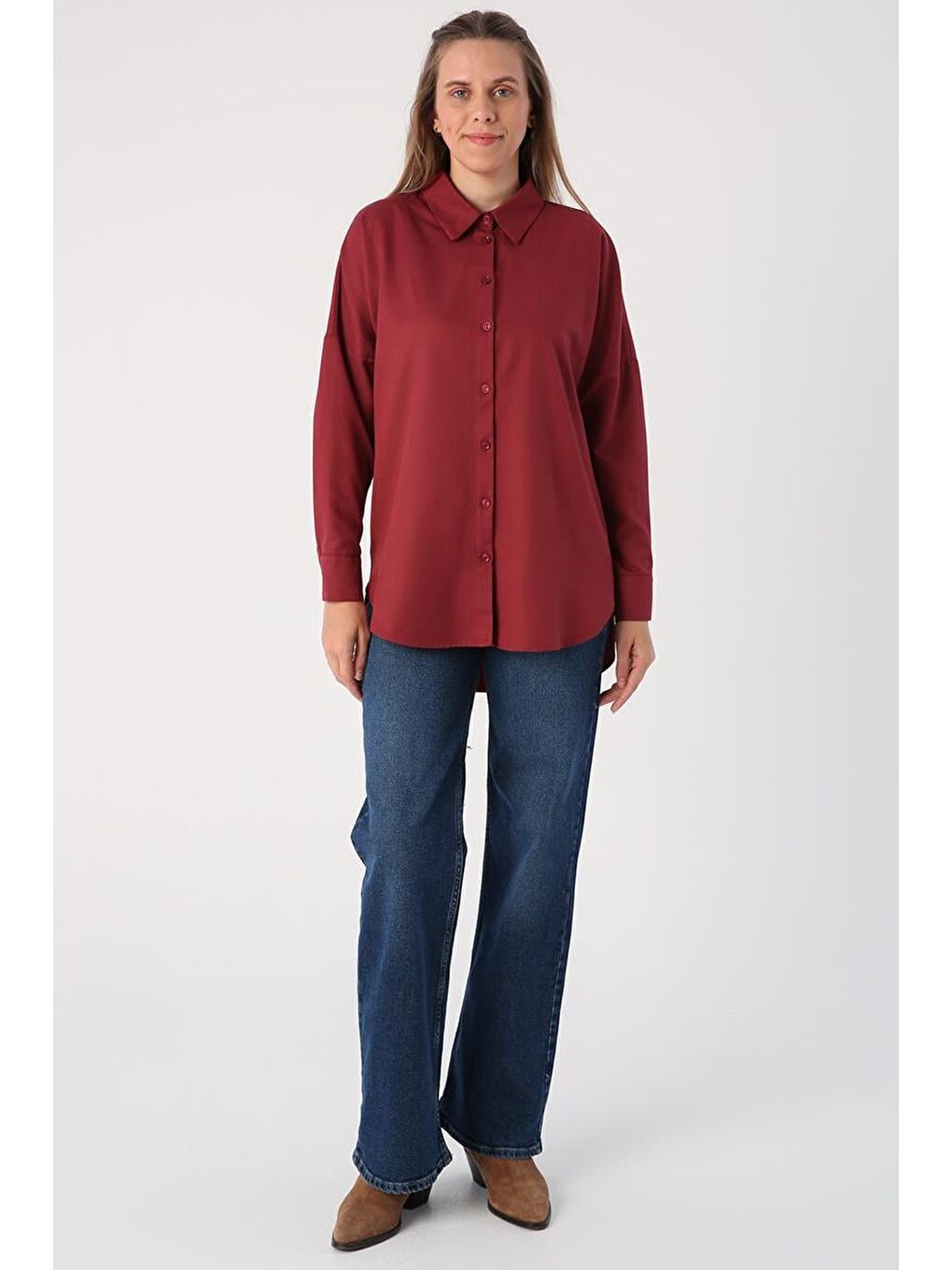 Koyu Bordo Oversize Basic Gömlek-3